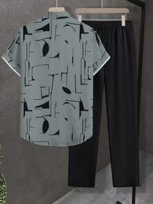 Manfinity Homme 2pcs Men's Summer Casual All-Over Print Button-Front Shirt And Shorts Set - Grey - View 2