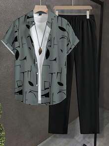 Manfinity Homme 2pcs Men's Summer Casual All-Over Print Button-Front Shirt And Shorts Set - Grey - View 1