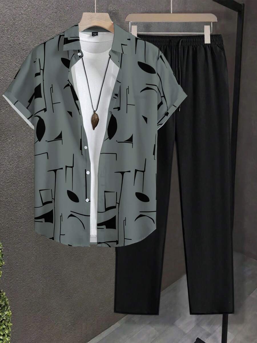 Manfinity Homme 2pcs Men's Summer Casual All-Over Print Button-Front Shirt And Shorts Set - Grey - View 1