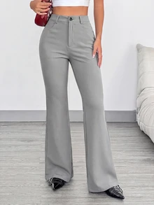 SHEIN EZwear 大尺碼女款純色高腰喇叭褲，附口袋，秋季款 - 淺灰色 - 查看 4