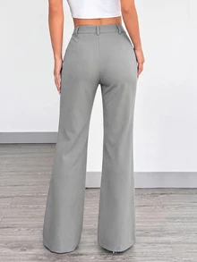 SHEIN EZwear 大尺碼女款純色高腰喇叭褲，附口袋，秋季款 - 淺灰色 - 查看 2