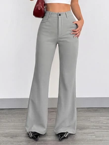 SHEIN EZwear 大尺碼女款純色高腰喇叭褲，附口袋，秋季款 - 淺灰色 - 查看 1