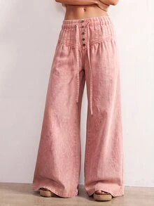 Bohemela Casual Solid Color Woven Loose Fit Women's Denim Jeans - Pink - View 6