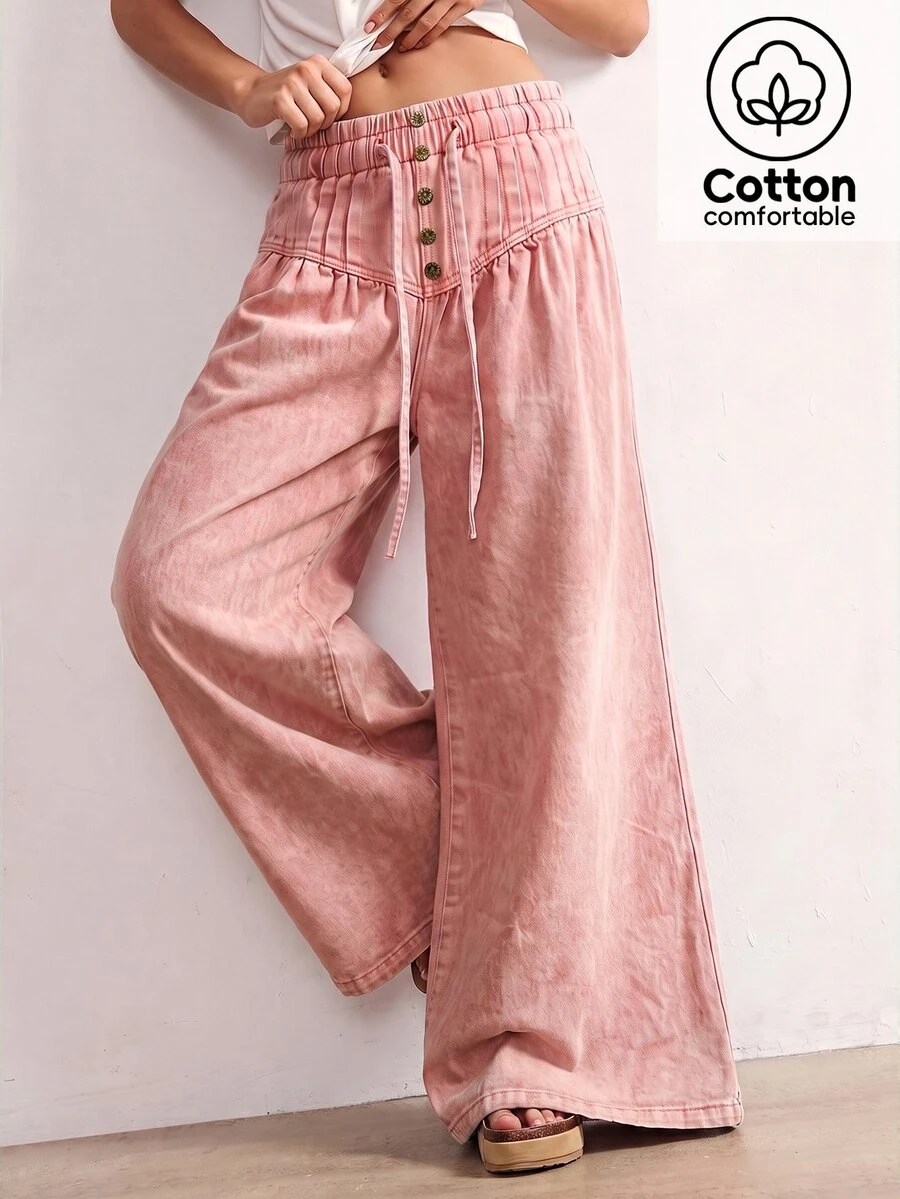 Bohemela Casual Solid Color Woven Loose Fit Women's Denim Jeans - Pink - View 1