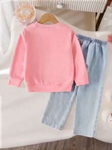 SHEIN Genkimix Kids 女童 2 件套 粉色拉鍊連帽衛衣配蝴蝶結裝飾與牛仔長褲套裝，適合秋季休閒日常穿著 - 粉色 - 查看 3