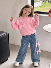 SHEIN Genkimix Kids 女童 2 件套 粉色拉鍊連帽衛衣配蝴蝶結裝飾與牛仔長褲套裝，適合秋季休閒日常穿著 - 粉色 - 查看 2
