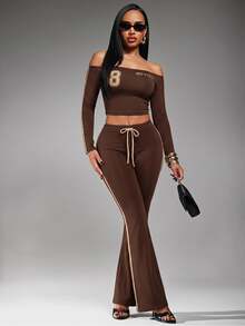Radiana Sexy Streetwear Graphic Casual Fashion Brown And Gold Chocolate Brown Sports Set, Cold Shoulder Long Sleeve Top + Slim Fit Flare Pants 2 Pieces Set - Brown - View 1