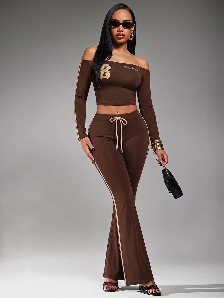 Radiana Sexy Streetwear Graphic Casual Fashion Brown And Gold Chocolate Brown Sports Set, Cold Shoulder Long Sleeve Top + Slim Fit Flare Pants 2 Pieces Set - Brown - View 1
