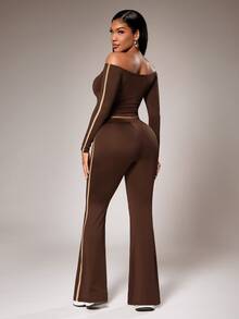 Radiana Sexy Streetwear Graphic Casual Fashion Brown And Gold Chocolate Brown Sports Set, Cold Shoulder Long Sleeve Top + Slim Fit Flare Pants 2 Pieces Set - Brown - View 2