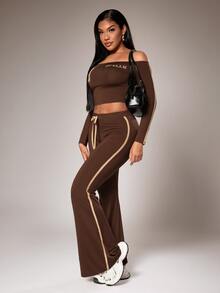Radiana Sexy Streetwear Graphic Casual Fashion Brown And Gold Chocolate Brown Sports Set, Cold Shoulder Long Sleeve Top + Slim Fit Flare Pants 2 Pieces Set - Brown - View 6