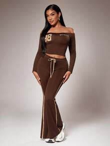 Radiana Sexy Streetwear Graphic Casual Fashion Brown And Gold Chocolate Brown Sports Set, Cold Shoulder Long Sleeve Top + Slim Fit Flare Pants 2 Pieces Set - Brown - View 4