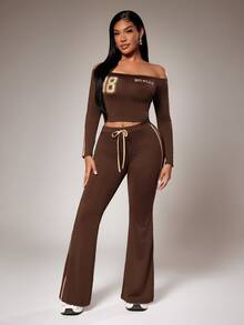 Radiana Sexy Streetwear Graphic Casual Fashion Brown And Gold Chocolate Brown Sports Set, Cold Shoulder Long Sleeve Top + Slim Fit Flare Pants 2 Pieces Set - Brown - View 8