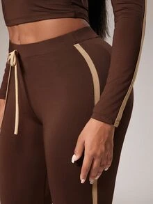 Radiana Sexy Streetwear Graphic Casual Fashion Brown And Gold Chocolate Brown Sports Set, Cold Shoulder Long Sleeve Top + Slim Fit Flare Pants 2 Pieces Set - Brown - View 7