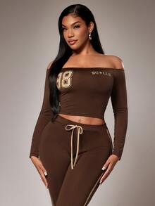 Radiana Sexy Streetwear Graphic Casual Fashion Brown And Gold Chocolate Brown Sports Set, Cold Shoulder Long Sleeve Top + Slim Fit Flare Pants 2 Pieces Set - Brown - View 3