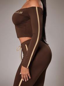 Radiana Sexy Streetwear Graphic Casual Fashion Brown And Gold Chocolate Brown Sports Set, Cold Shoulder Long Sleeve Top + Slim Fit Flare Pants 2 Pieces Set - Brown - View 5