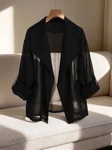 GlowEve CURVE Plus Size Women's Casual Loose Everyday Versatile Chiffon Fabric Trench Coat Jacket - Black - View 4