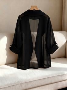 GlowEve CURVE Plus Size Women's Casual Loose Everyday Versatile Chiffon Fabric Trench Coat Jacket - Black - View 3