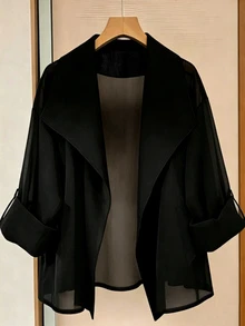 GlowEve CURVE Plus Size Women's Casual Loose Everyday Versatile Chiffon Fabric Trench Coat Jacket - Black - View 1