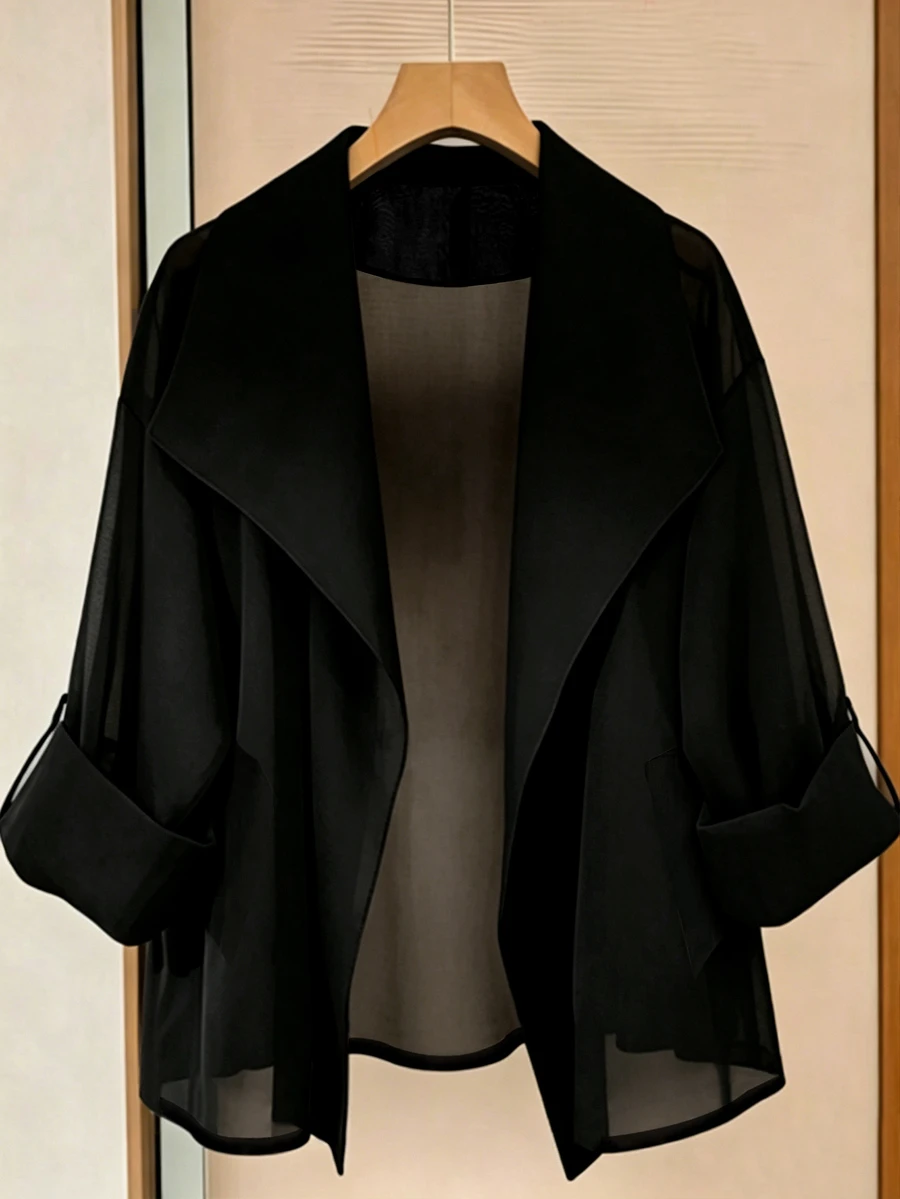 GlowEve CURVE Plus Size Women's Casual Loose Everyday Versatile Chiffon Fabric Trench Coat Jacket - Black - View 1