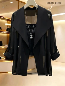 GlowEve CURVE Plus Size Women's Casual Loose Everyday Versatile Chiffon Fabric Trench Coat Jacket - Black - View 7