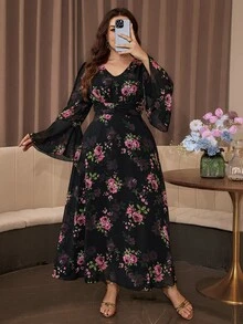 Modelyn Elegant Romantic Chiffon Floral Print V-Neck Long Sleeve Bell Cuff Waist-Cinching A-Line Regular Fit Spring/Autumn Plus Size Dress - Multicolor - View 3