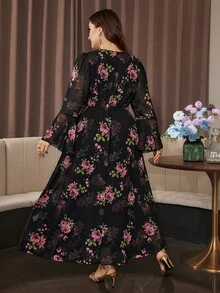 Modelyn Elegant Romantic Chiffon Floral Print V-Neck Long Sleeve Bell Cuff Waist-Cinching A-Line Regular Fit Spring/Autumn Plus Size Dress - Multicolor - View 2