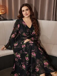 Modelyn Elegant Romantic Chiffon Floral Print V-Neck Long Sleeve Bell Cuff Waist-Cinching A-Line Regular Fit Spring/Autumn Plus Size Dress - Multicolor - View 5