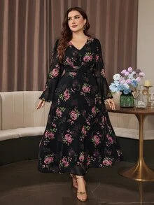 Modelyn Elegant Romantic Chiffon Floral Print V-Neck Long Sleeve Bell Cuff Waist-Cinching A-Line Regular Fit Spring/Autumn Plus Size Dress - Multicolor - View 7