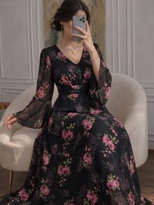 Modelyn Elegant Romantic Chiffon Floral Print V-Neck Long Sleeve Bell Cuff Waist-Cinching A-Line Regular Fit Spring/Autumn Plus Size Dress - Multicolor - View 1