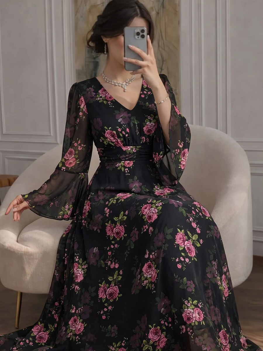 Modelyn Elegant Romantic Chiffon Floral Print V-Neck Long Sleeve Bell Cuff Waist-Cinching A-Line Regular Fit Spring/Autumn Plus Size Dress - Multicolor - View 1