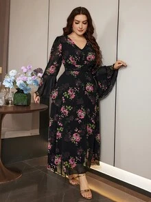Modelyn Elegant Romantic Chiffon Floral Print V-Neck Long Sleeve Bell Cuff Waist-Cinching A-Line Regular Fit Spring/Autumn Plus Size Dress - Multicolor - View 6