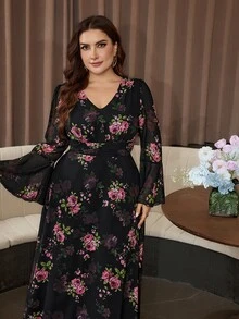 Modelyn Elegant Romantic Chiffon Floral Print V-Neck Long Sleeve Bell Cuff Waist-Cinching A-Line Regular Fit Spring/Autumn Plus Size Dress - Multicolor - View 4