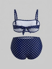 Veykashi Plus Size Navy Blue Polka Dot Pattern Camisole Bikini Set, Minimalist Sexy Contrast Color Two Pieces Swimwear For Women Teenage, Summer Tropical Beach Holiday - Navy Blue - View 3