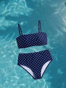 Veykashi Plus Size Navy Blue Polka Dot Pattern Camisole Bikini Set, Minimalist Sexy Contrast Color Two Pieces Swimwear For Women Teenage, Summer Tropical Beach Holiday - Navy Blue - View 1