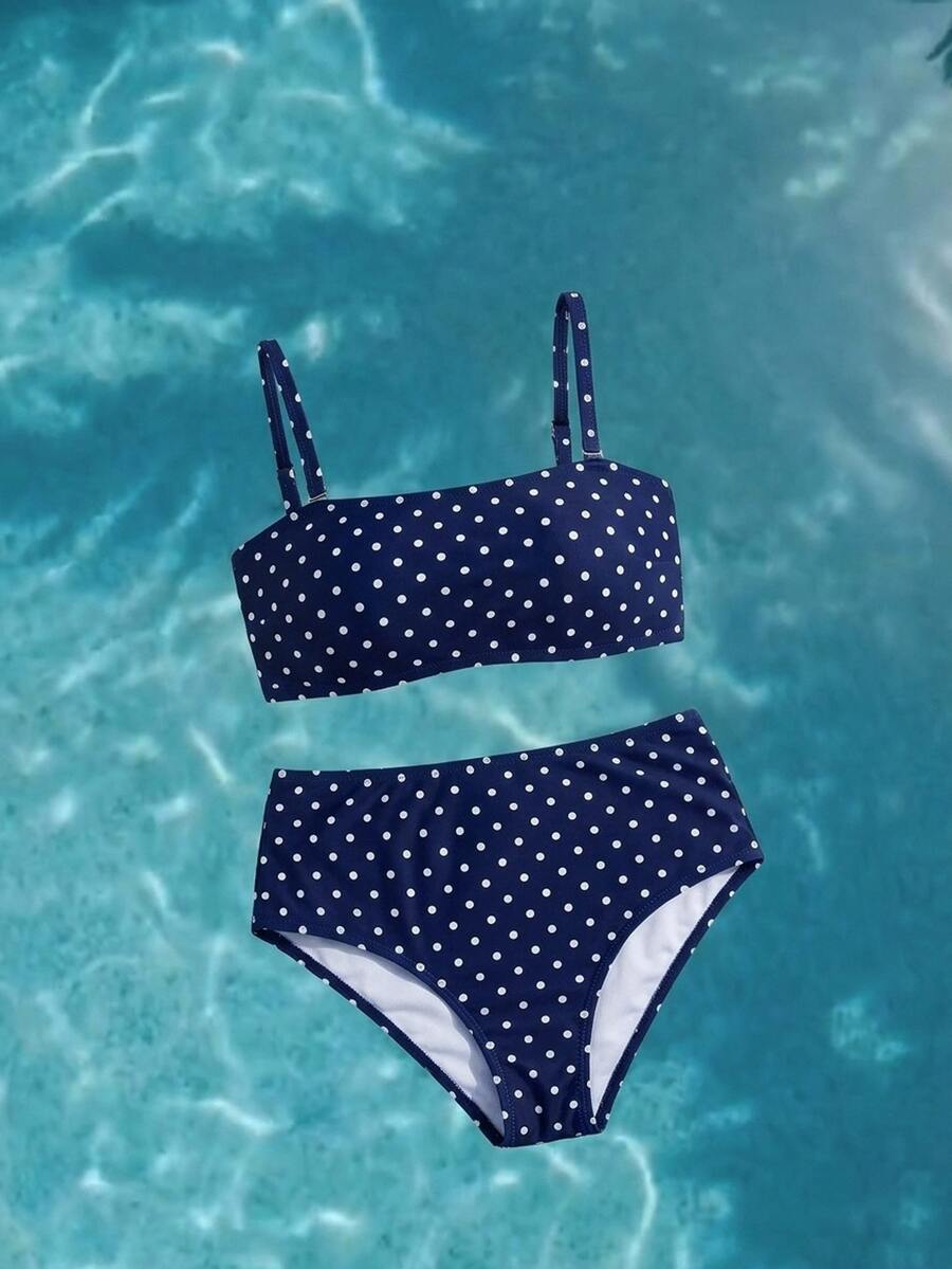 Veykashi Plus Size Navy Blue Polka Dot Pattern Camisole Bikini Set, Minimalist Sexy Contrast Color Two Pieces Swimwear For Women Teenage, Summer Tropical Beach Holiday - Navy Blue - View 1