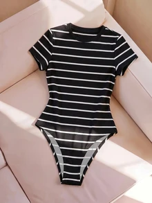 SHEIN BASICS Women Bodysuits Summer Outfit Back-To-School Everyday Holiday Black And White Striped Checkered Casual Basic Daytime Going Out - Black - View 3