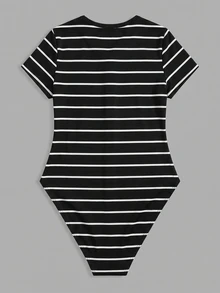 SHEIN BASICS Women Bodysuits Summer Outfit Back-To-School Everyday Holiday Black And White Striped Checkered Casual Basic Daytime Going Out - Black - View 6