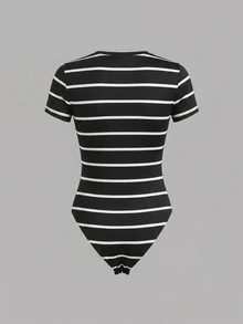 SHEIN BASICS Women Bodysuits Summer Outfit Back-To-School Everyday Holiday Black And White Striped Checkered Casual Basic Daytime Going Out - Black - View 8