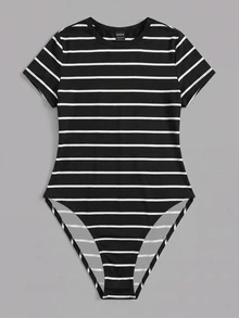 SHEIN BASICS Women Bodysuits Summer Outfit Back-To-School Everyday Holiday Black And White Striped Checkered Casual Basic Daytime Going Out - Black - View 7