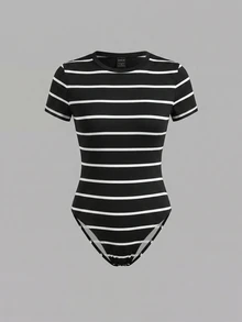 SHEIN BASICS Women Bodysuits Summer Outfit Back-To-School Everyday Holiday Black And White Striped Checkered Casual Basic Daytime Going Out - Black - View 9