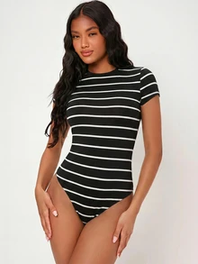SHEIN BASICS Women Bodysuits Summer Outfit Back-To-School Everyday Holiday Black And White Striped Checkered Casual Basic Daytime Going Out - Black - View 4