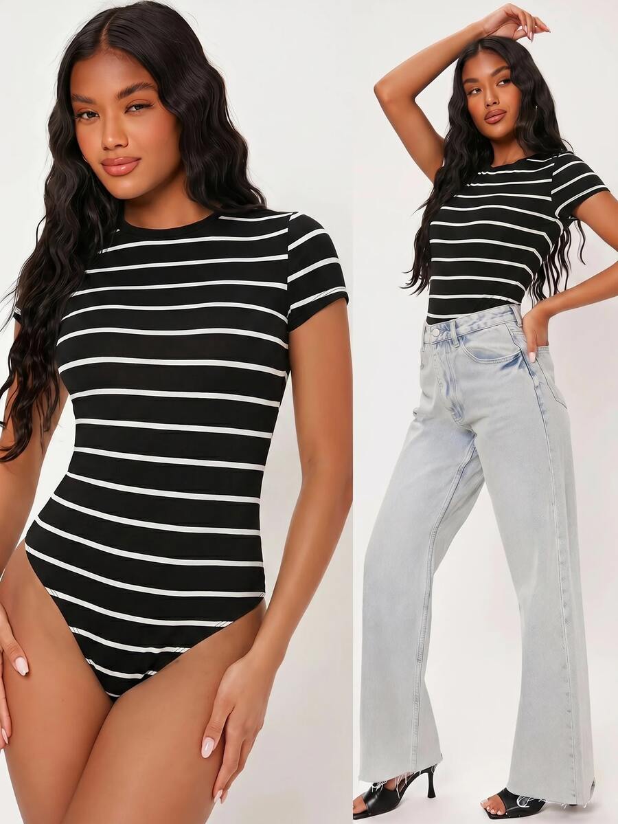 SHEIN BASICS Women Bodysuits Summer Outfit Back-To-School Everyday Holiday Black And White Striped Checkered Casual Basic Daytime Going Out
