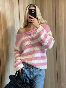 Cévolie Women's Contrast Color Hollow Stripe Pullover Sweater For Daily Wear - Pink - View 4