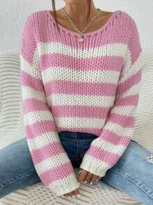 Cévolie Women's Contrast Color Hollow Stripe Pullover Sweater For Daily Wear - Pink - View 6