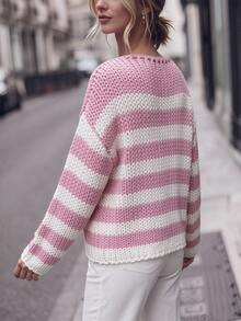 Cévolie Women's Contrast Color Hollow Stripe Pullover Sweater For Daily Wear - Pink - View 3