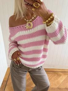 Cévolie Women's Contrast Color Hollow Stripe Pullover Sweater For Daily Wear - Pink - View 2