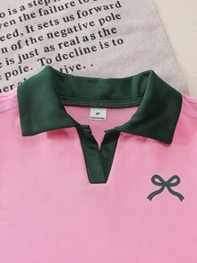 Genkimix Kids 女童休閒兩件套，深綠色領口上衣，設計簡約乾淨，粉色主體搭配深綠對比袖口與領口，清新視覺層次感，胸前飾有精緻可愛的深綠色蝴蝶結印花，深綠色長褲配粉色與白色條紋織帶，與上衣袖口相呼應，統一配色，套裝感強，適合春秋日常穿著與外出 - 彩色 - 查看 5