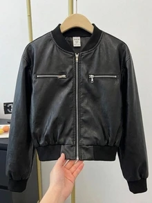 青少年女孩休閒街頭風短版PU拼接羅紋棒球夾克外套 秋冬款 - 黑色 - 查看 8
