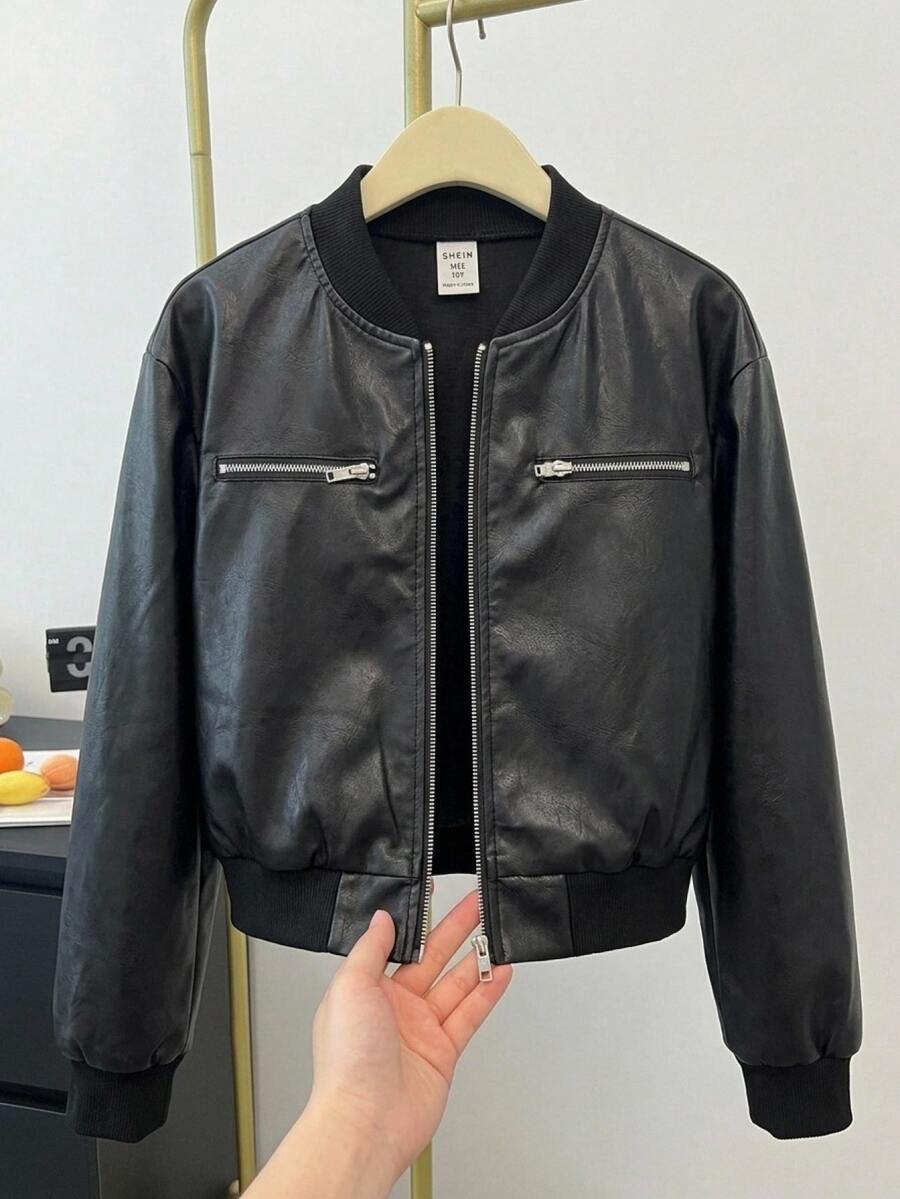 Tween Girl Casual Street Tween Girl Style Short PU Patchwork Ribbed Baseball Jacket Outerwear Fall/Winter - Black - View 1