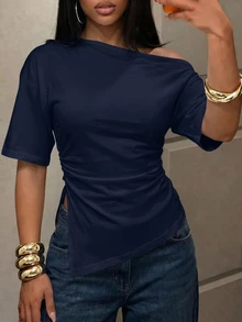 Slaydiva 春夏海灘度假風 優雅浪漫性感 派對約會生日派對休閒百搭 露肩不對稱領 垂肩不對稱鬆腰百褶白色T恤上衣 -A - 藏蓝色 - 查看 7